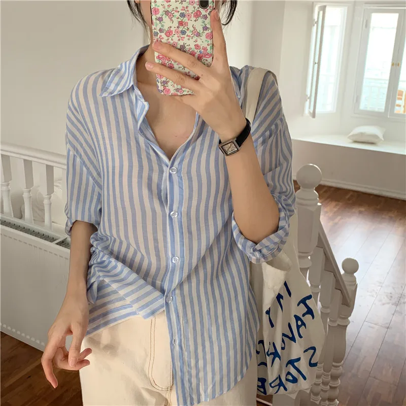 Spring Shirt Female Womens Blouse Summer Women Blouses stripe  Maxi Blusas Casual Elegant Vintage Long Sleeve Cotton Oversize