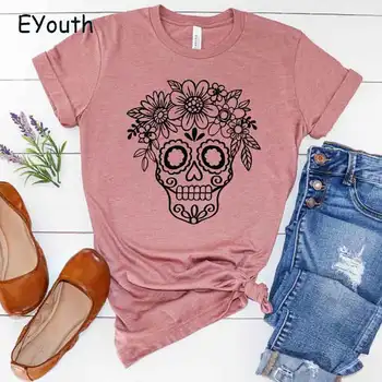 

Day Of The Dead Fashion Sugar Skull Flower Crown Pattern Print Women's Tops and T-shirts Fashion Casual Short Sleeve Unisex Tee