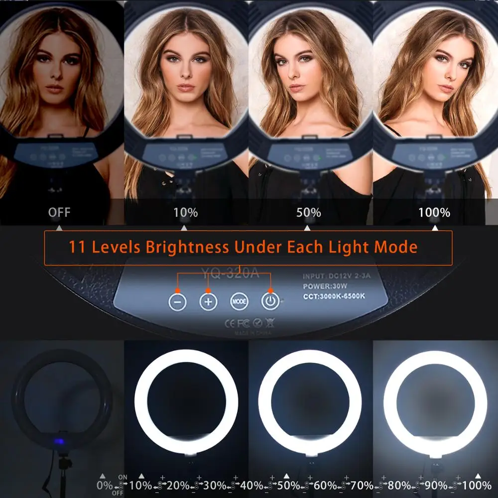 FOSOTO 30CM Photography LED Selfie Ring Light 3000K-5800K Dimmable Lamp with 1.6m Tripod Remote For Makeup Studio Phone Live