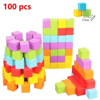 

100pcs 2.5X2.5CM Colorful Cubes Wooden Building Blocks Stacking Up Square Wood Toy Baby Shape Color Learning Toys for Children