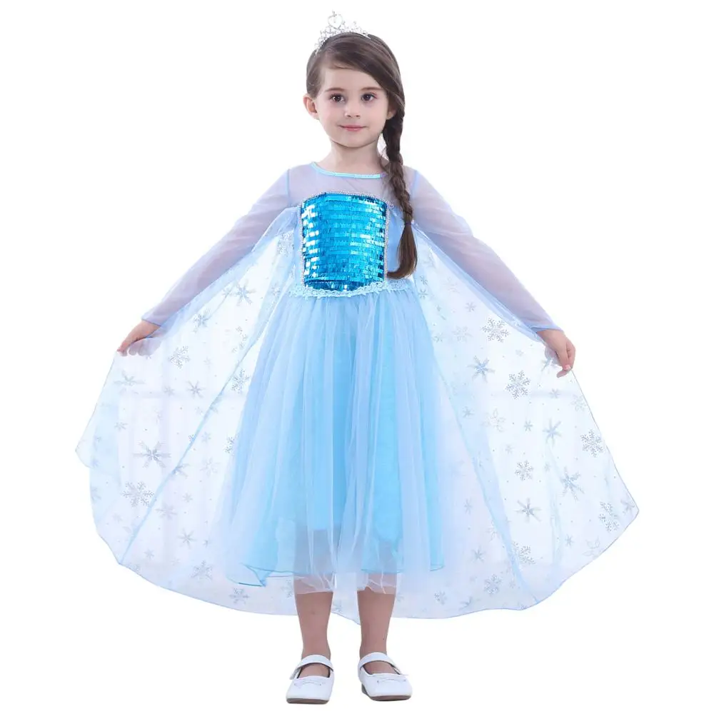 Платье принцессы Эльзы для девочек Сетчатое платье с длинными рукавами и блестками Детский карнавальный костюм рождественское платье Снежной Королевы