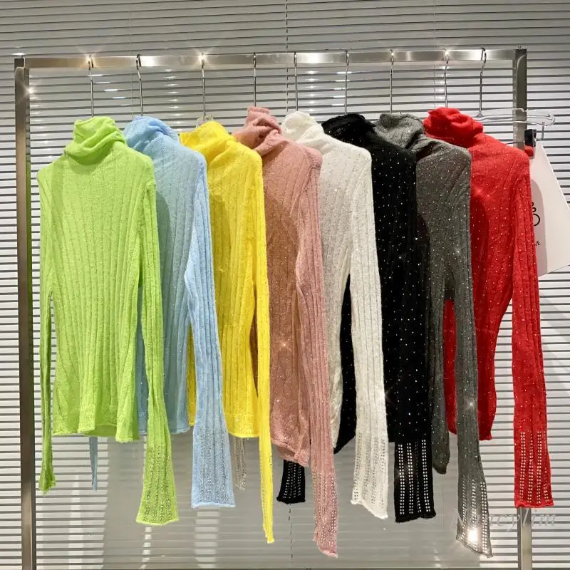 

Rhinestone Turtleneck Stretch Sweater for Women Slim-Fit Wool Knitted Pullovers Female Lady Undershirt Candy Color Tops