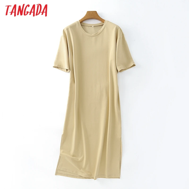 Tangada 2021 Women Elegant 95% Cotton Sweatshirt Dress Oversized Short Sleeve Side Open Ladies Midi Dress 6L60