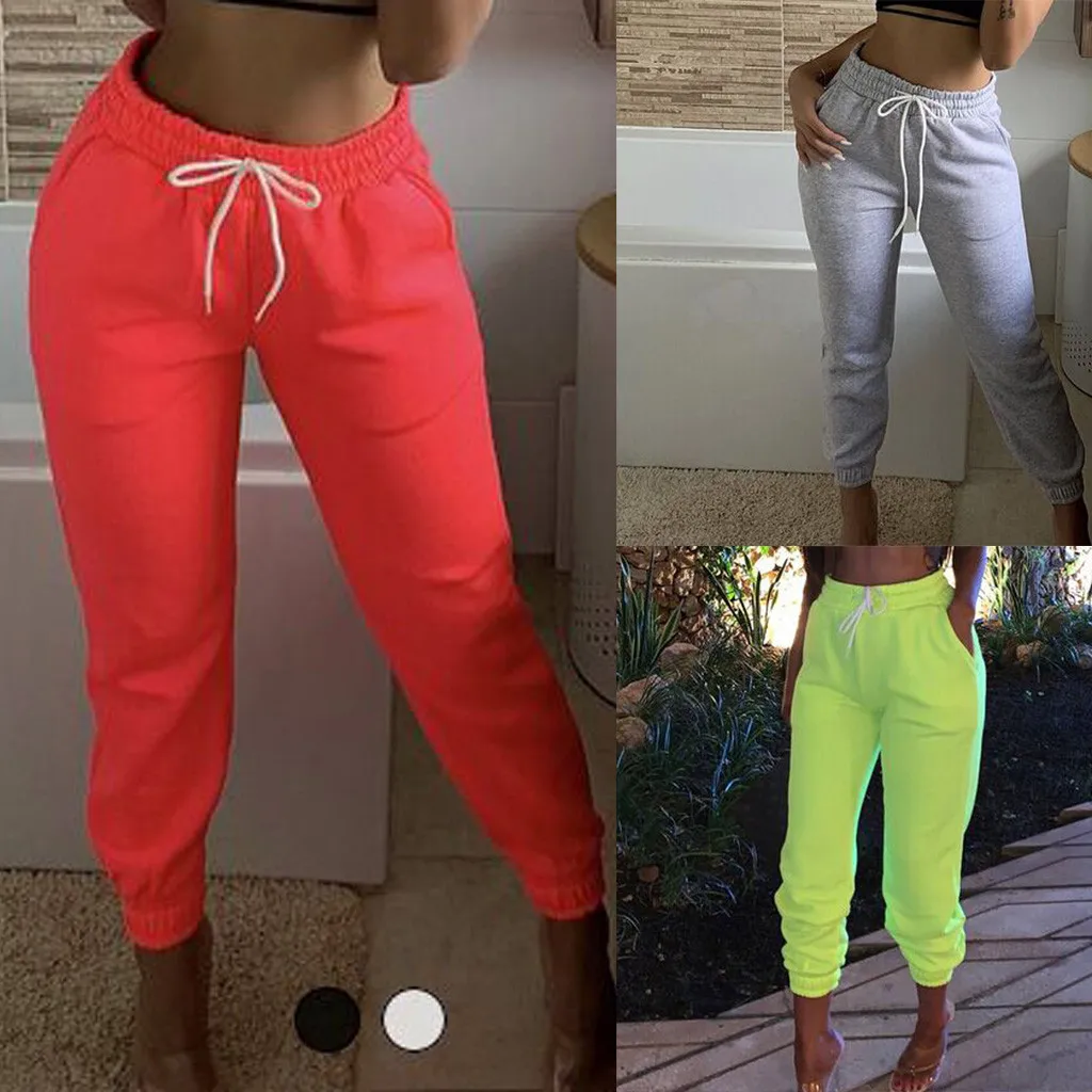 

Fashion Sports Loose Long Pants Women Casual Pure Color Pockets Bandage Lace Fluorescent Long Sweatshirt Pants Ladies #4