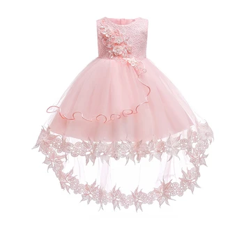 

Shiny Toddler Baby Girl High-Low Bow Nail Pearl Flower Decoration Lace Dress For Wedding Party Exchange Dr