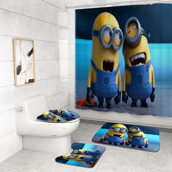 

Funny Minions Shower Curtain Bathroom Rug Sets Non Slip Bath Mat Toilet Cover Kitchen Carpet 4 Piece Cartoon Bathroom Decor