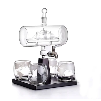 

Hellodream novelty sailboat shaped home bar 5 Pcs Whiskey Decanter Set with stainless steel Faucet