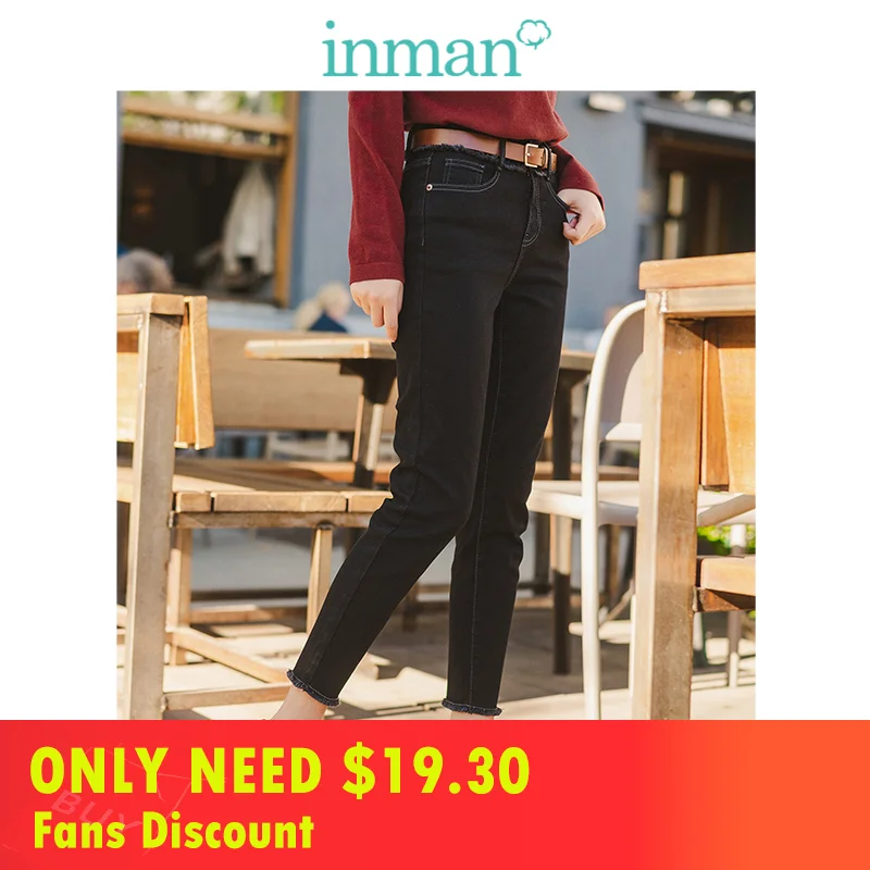 

INMAN 2019 Autumn New Arrival Medium High Waist Fashion All Matched Minimalism Flash Slim Pencin Pants Women Jeans