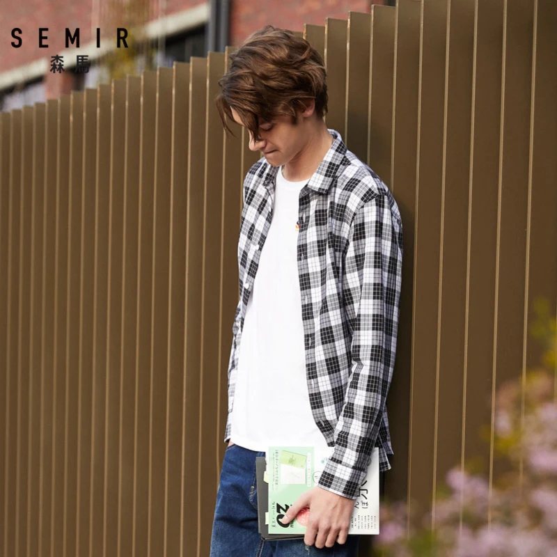 Semir рубашка мужская с длинным рукавом Весна и осень лацкане хлопковая рубашка студентов Корейская версия клетчатая рубашка дюймовые мужские Новинка