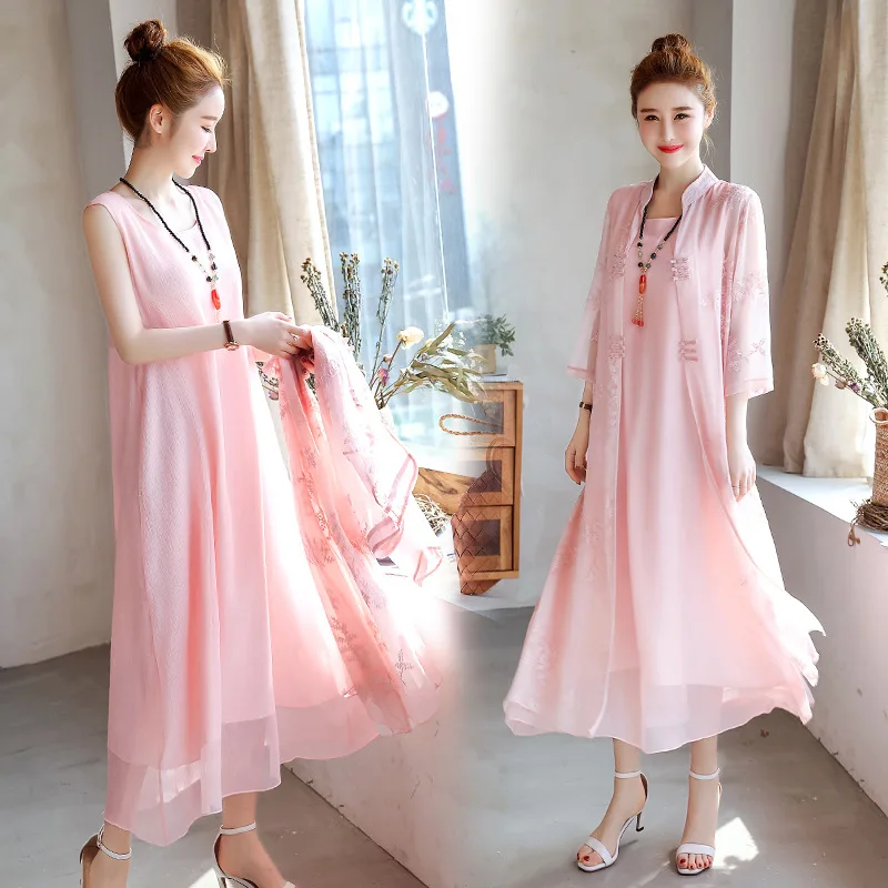 

Summer Retro Chinese-style Literature And Art Cotton Linen Cool Simple Mid-length Two-Piece Set Outdoor Dress-Style