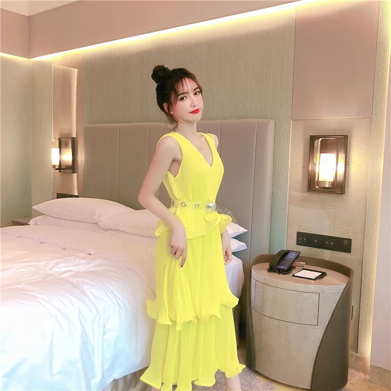 WHITNEY WANG Модное Элегантное Плиссированное шифоновое многослойное платье с v-образным вырезом женские вечерние платья