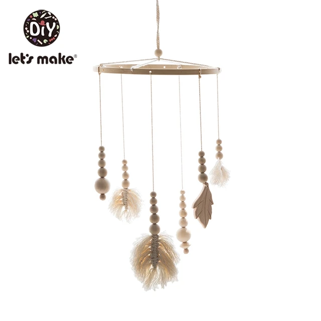 Let'S Make Wood Baby Bed Toys Gift Crib Mobile Infant Room Stroller Music Baby Felt Wool Ball Rattles Wooden Teether Toys Woven leaves