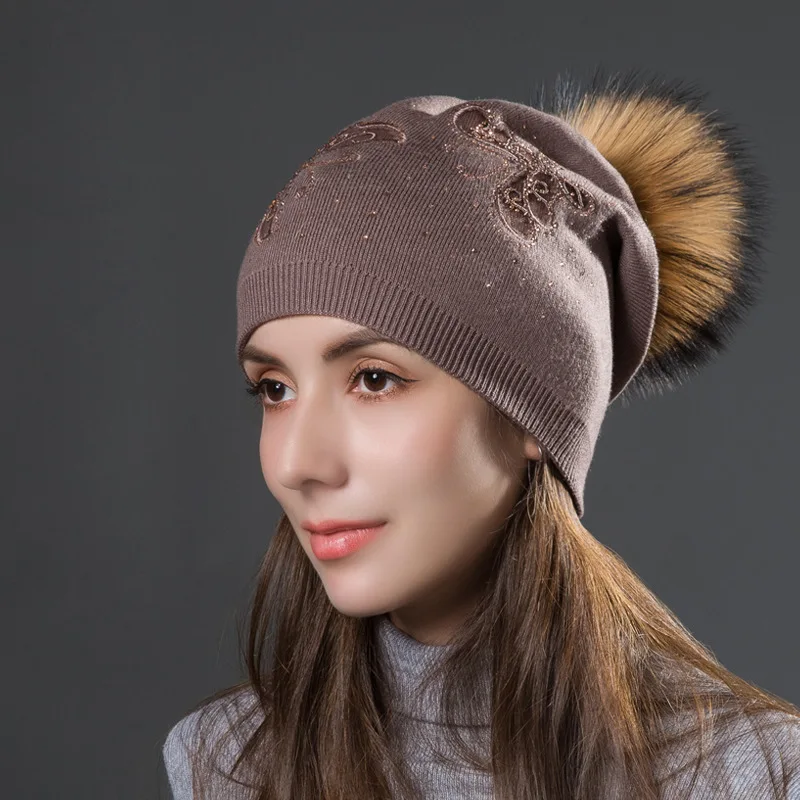khaki Winter Autumn Ladies knitted hats Hollow Rhinestone Butterfly Real Fur Pompoms Beanie caps Bonnet Womens Skullies - Цвет: khaki