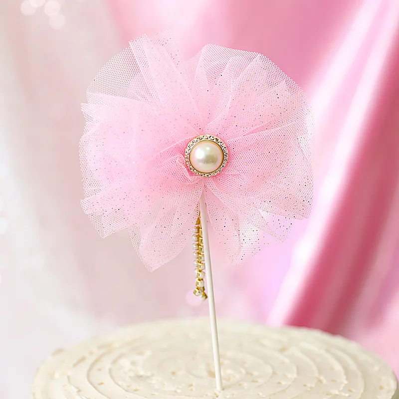 Romantic Mesh Pearl Lace Love Heart Theme Happy Birthday Cake Topper Wedding Valentine's Day Sweet 16 Party Decorations - Цвет: PinkF