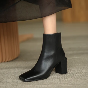 

Fashion Comfortable Genuine Leather Women's Ankle Boots Elegant Square Toe Thick high Heels Pumps Party Casual Shoes Woman