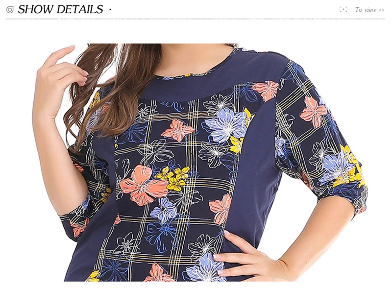 Summer Women Floral Print Dress Europe Large Size Female Dresses Casual Blue Spliced Woven Garments Half Sleeve O-Neck Lady