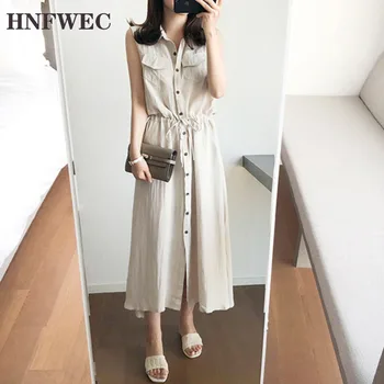

Solid Color Lapel Sleeveless Drawstring Waist Split Loose Woman Dress Casual Fashion 2020 Dresses Summer New Z940