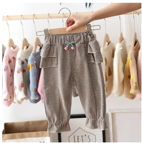 Fashion Autumn Baby Girls Kids Pants Cherry Ruffles Casual Trousers Infants Children Clothes Princess Long Pant - Цвет: grey
