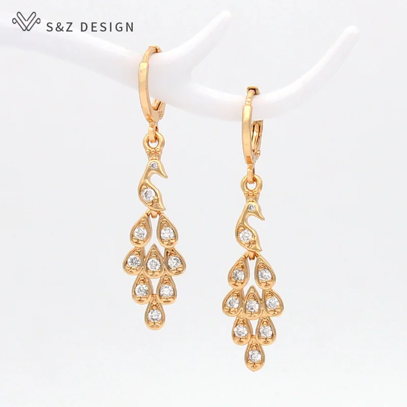 S&Z DESIGN New Fashion Dragonfly Peacock Owl Animal Dangle Earrings For Women Jewelry Champagne Gold Color Classic Eardrop