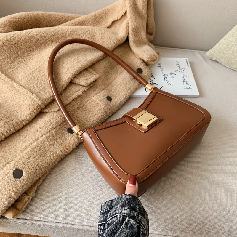 Brown Однотонные Сумки из искусственной кожи на плечо для женщин замок сумки маленькая дорожная сумочка женские модные сумки - Цвет: Brown