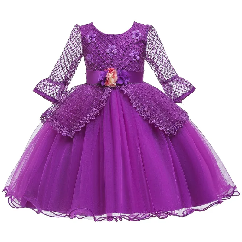 Детское Новогоднее платье для девочек; платье для дня рождения, свадьбы, расшитое бисером, с цветочным узором; платья для девочек; торжественное платье для выпускного вечера; костюм для девочек - Цвет: purple