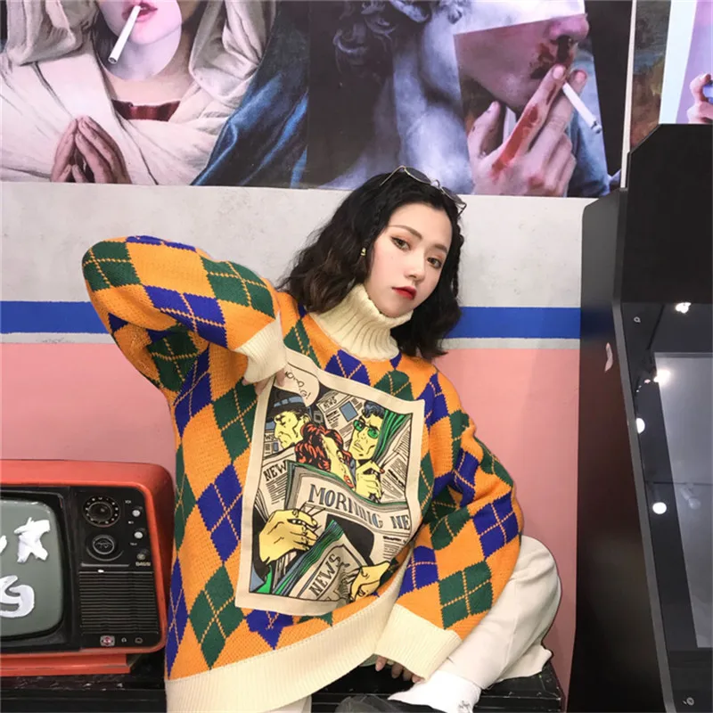 Теплый свитер женский корейский Свободный Harajuku стиль мультфильм высокий воротник пуловер большой размер свитер