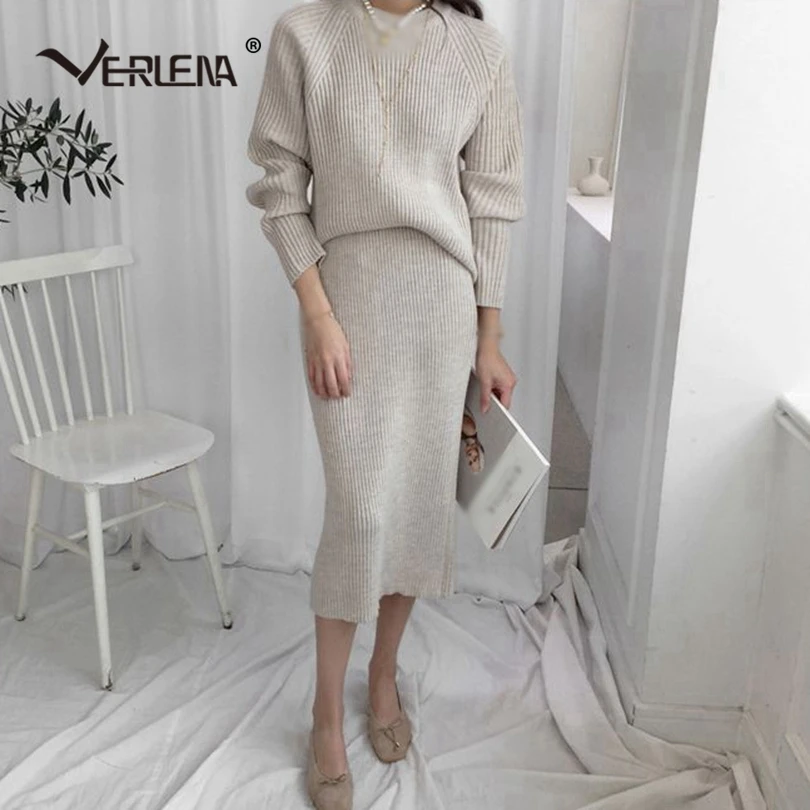 Verlena/ осенне-зимний комплект из двух предметов, вязаный джемпер с длинными рукавами, пуловер, свитер и трикотажная удлиненная юбка средней длины
