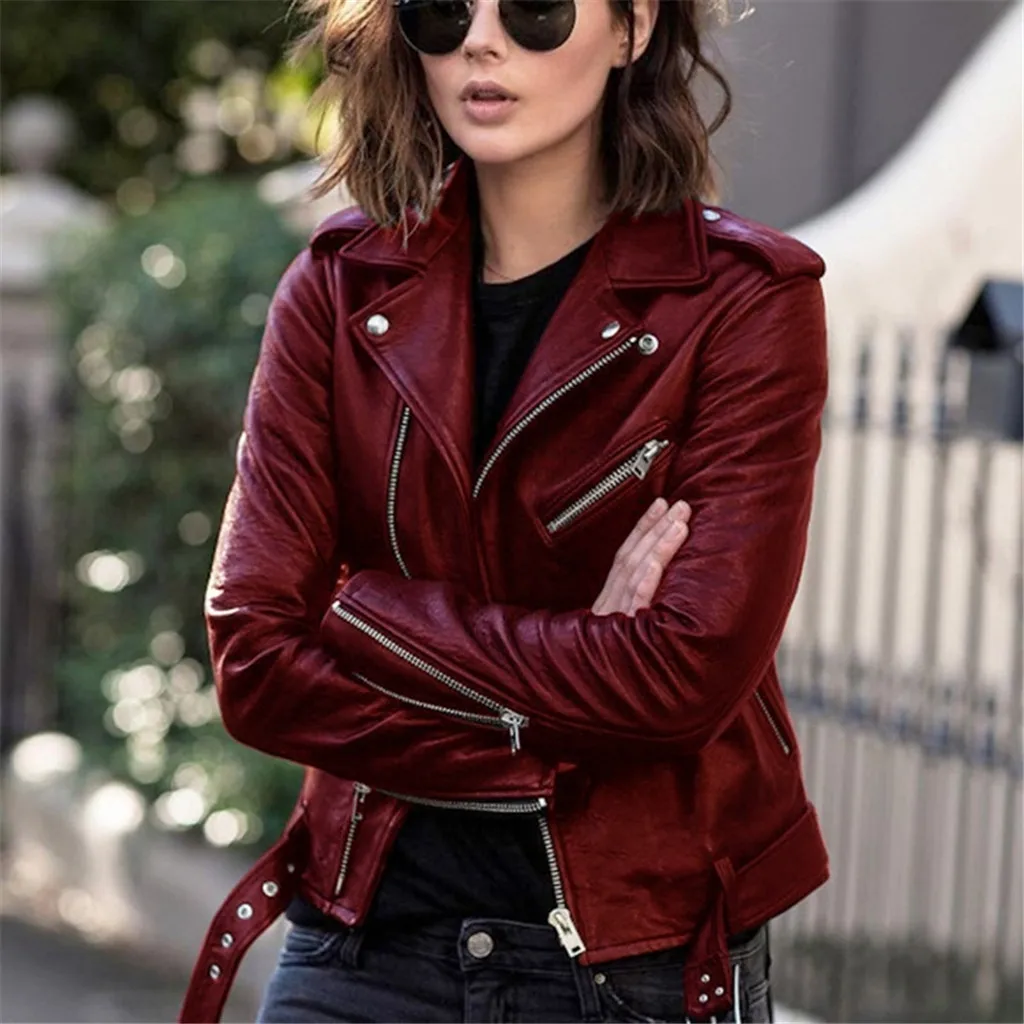 faux leather Womens autumn Jacket Long Sleeve Zipper Fitted Coat Short Jacket Solid Lapel Female Moto Biker Jackets