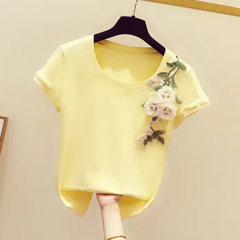 

Floral Tshirt for Women 2020 Summer Wear New Handmade Embroidered Stereo Flower Crew Neck Short Sleeve Yellow T-shirt Girls Lady