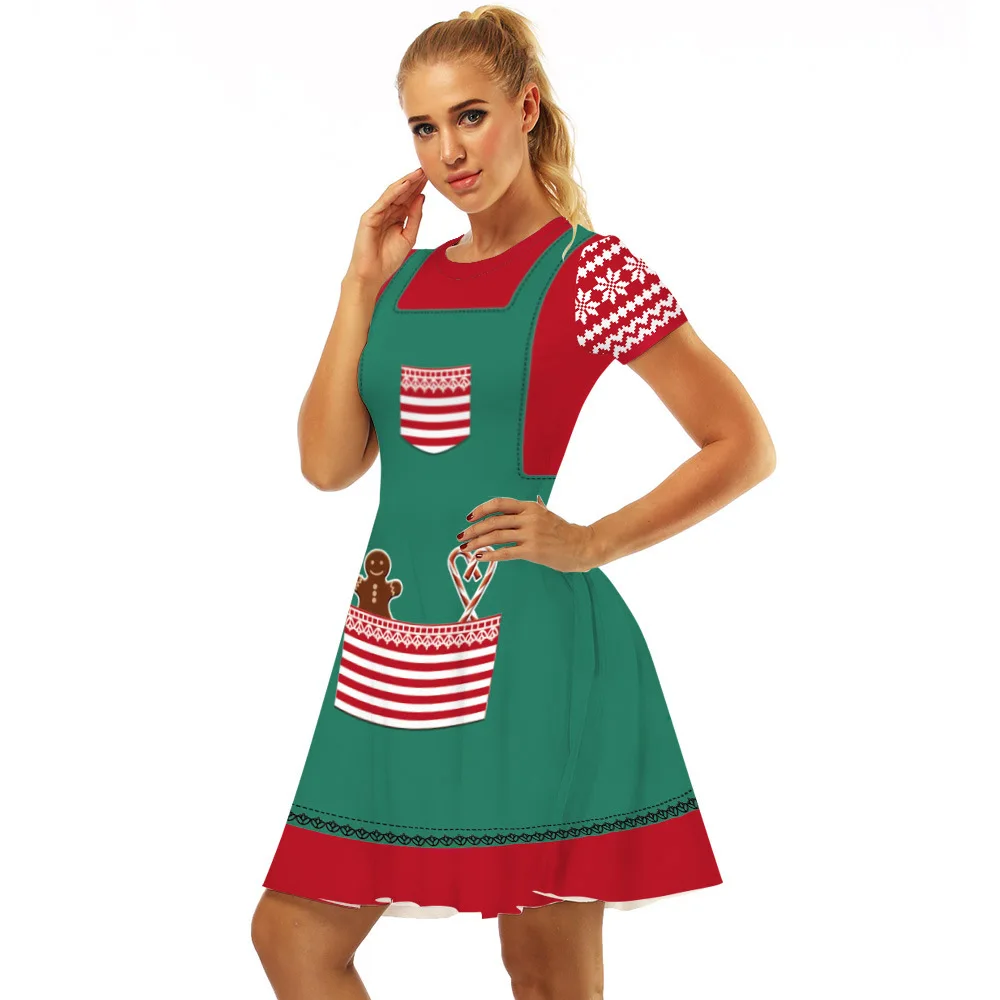 

Echoine Christmas costume Red Green Print Pleated Mini Dress Digital Print Evening Party Club Vintage Sandals Vestidos