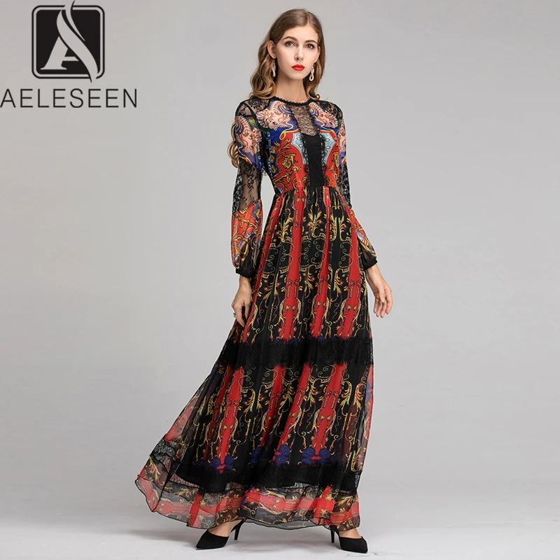 

AELESEEN 2019 Autumn Runway Long Dresses Women Spliced Luxury Transparent Lace Sexy Lady Party High Quality Vintage Print Dress