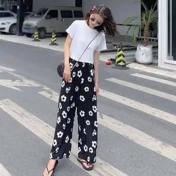 

Women's Sets Clothe Fashion O-neck Solid Top And Ankle-length Floral Print Wide Leg Pants Set Mulher Abbigliamento Donna!