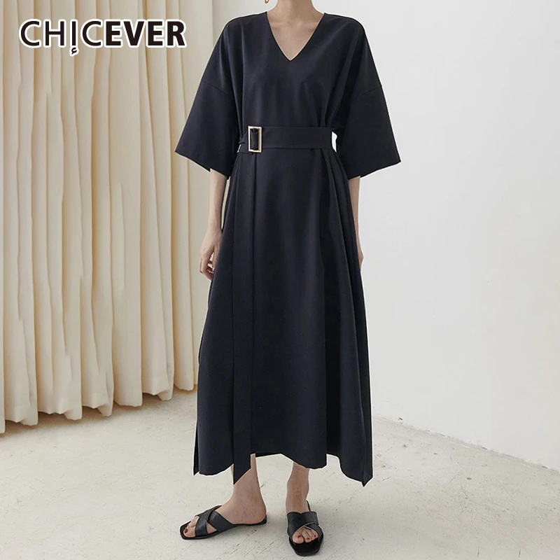

CHICEVER Summer Korean Dresses For Women V Neck Half Sleeve High Waist Sashes Loose A Line Dress Female 2019 Fashion New Clothes