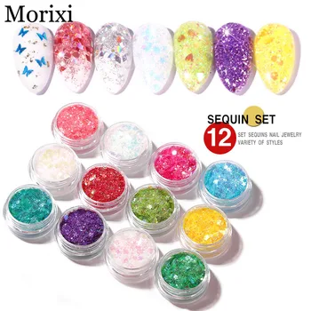 

12pcs/set nail glitter powder super fine sequins gold green blue green for 3D manicure tip decoration shiny nail flakes MZ236