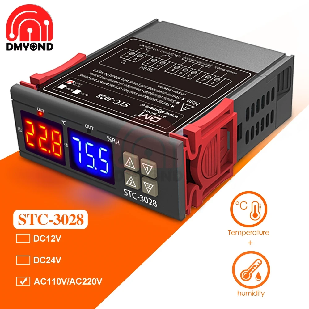 STC-3028 термостат с гигростатом 110 В 220 в 12 В 24 В светодиодный двойной дисплей цифровой регулятор температуры и влажности для внутреннего инкубатора