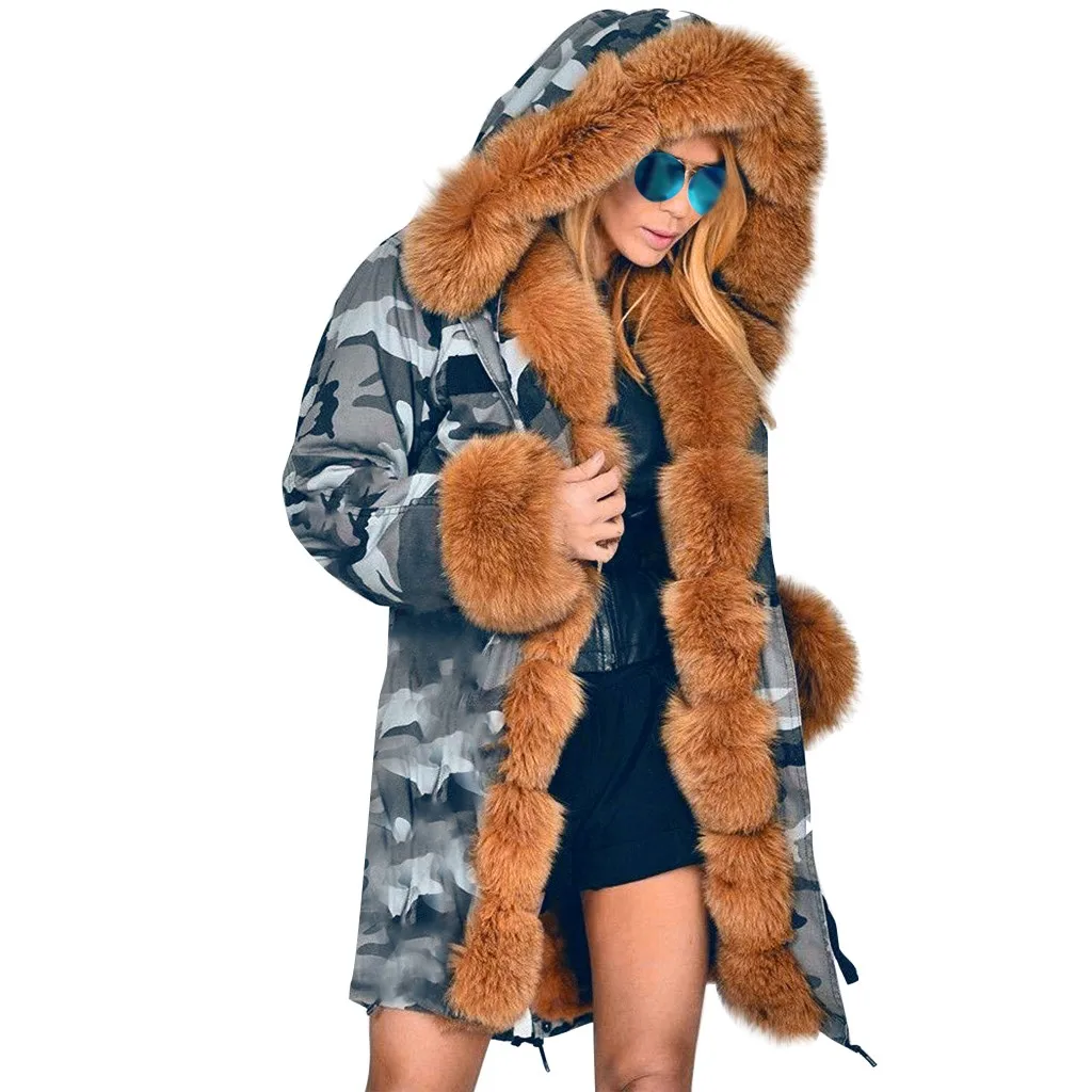 Женская Теплая Флисовая парка джинсовая камуфляжная куртка с капюшоном и