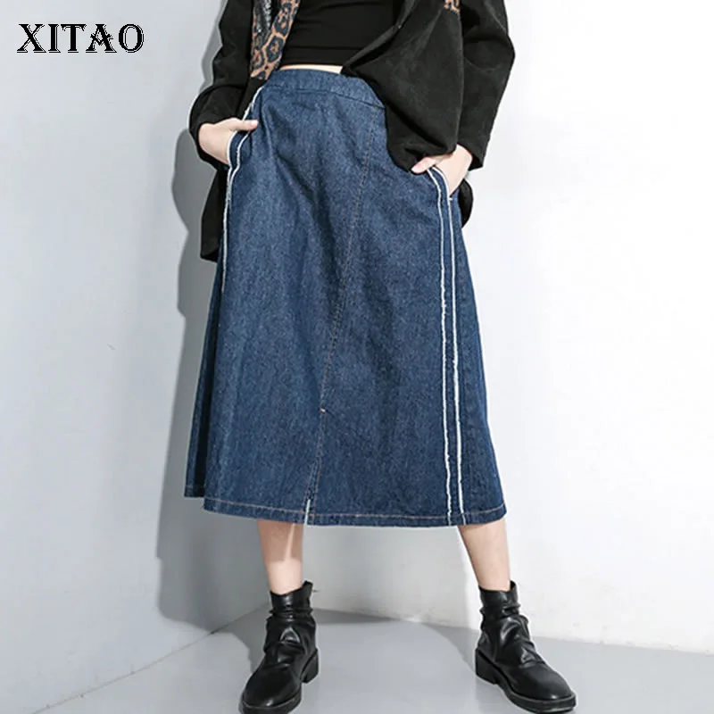 XITAO Tide/джинсовая юбка в стиле пэчворк с карманами женская одежда, модная повседневная юбка с разрезом, с эластичной резинкой на талии, новинка, GCC2556