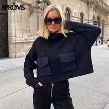 ^#Cheap Aproms Elegant Pockets Patch Turtleneck Pullover Sweater Women Autumn Winter Navy Blue Batwing Sleeve Oversize Knitted Sweaters ^#Cheap Aproms Elegant Pockets Patch Turtleneck Pullover Sweater Women Autumn Winter Navy Blue Batwing Sleeve Oversize Knitted Sweaters