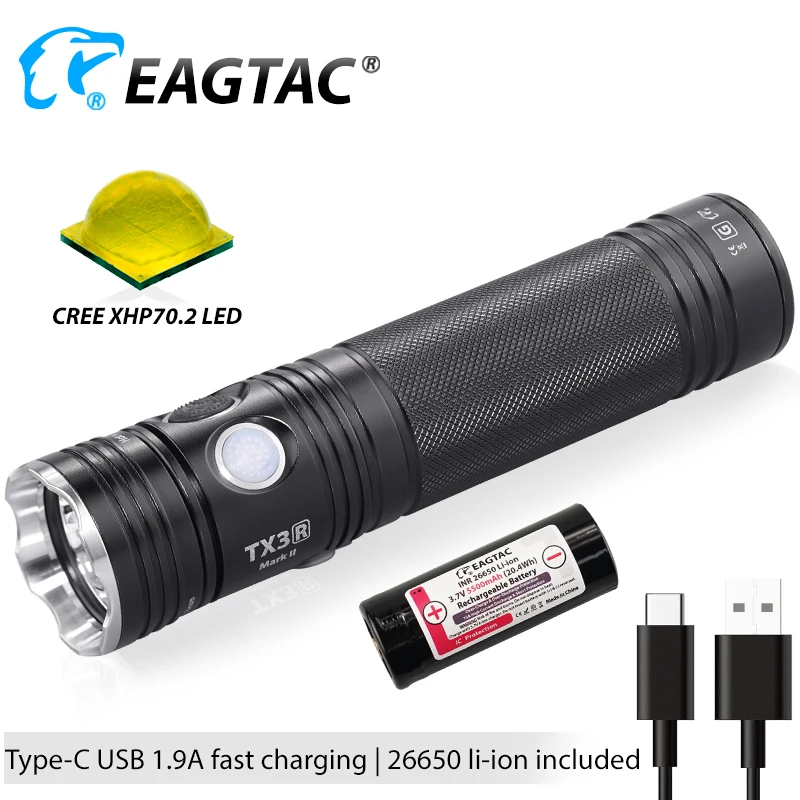 Фонарик EAGTAC TX3G Pro с аккумулятором 26650 светодиодный перезаряжаемый от USB ультра
