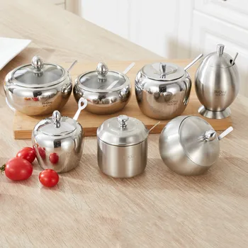 

Household 304 stainless steel with lid spoon cruet jar Condiment storage box set creative kitchen supplies ZP7251133