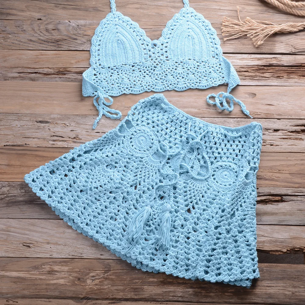 2021 New Crochet 2Pcs/set Beach Cover Up Sexy Women Bra Top+Mini a Line Skirts Bikini Swimsuit Bathing Suit Cover Ups Dress mesh bikini cover up