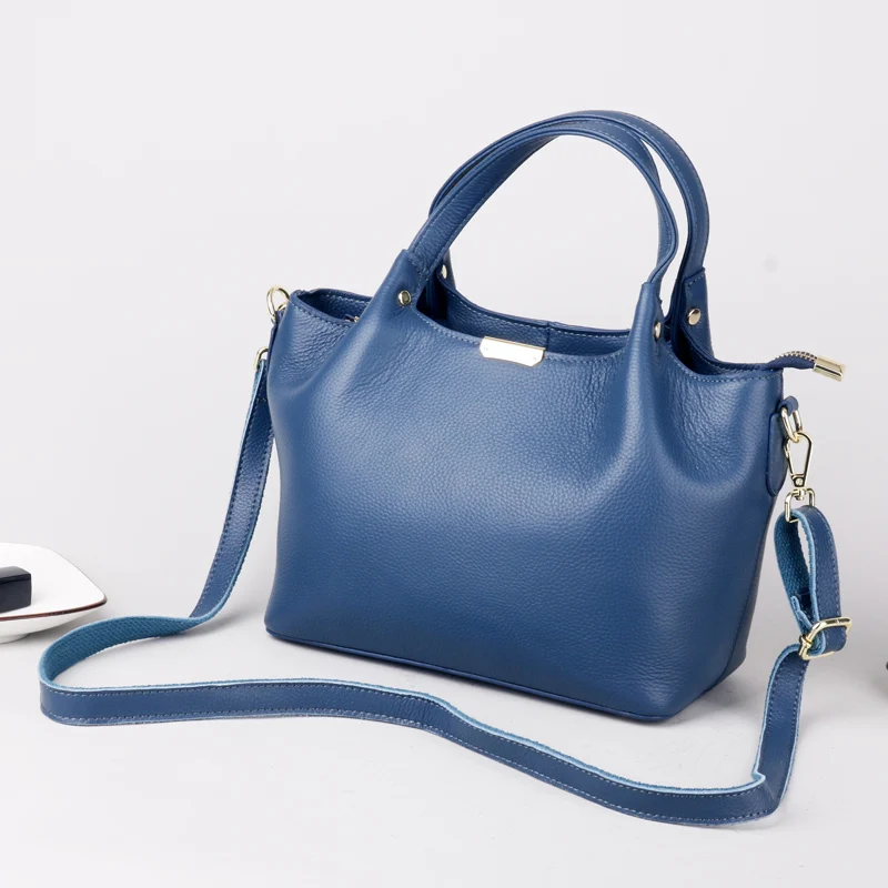 indigo bolsa de cubo cuero genuino mujer, повседневная сумка-тоут с короткими ручками, кошелек, сумка - Цвет: indigo