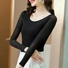 TingYiLi Basic O-neck Long Sleeve Mesh Tops For Women Spring Summer Korean Style Elegant Burgundy Green Blue Black Blouse Shirt 1