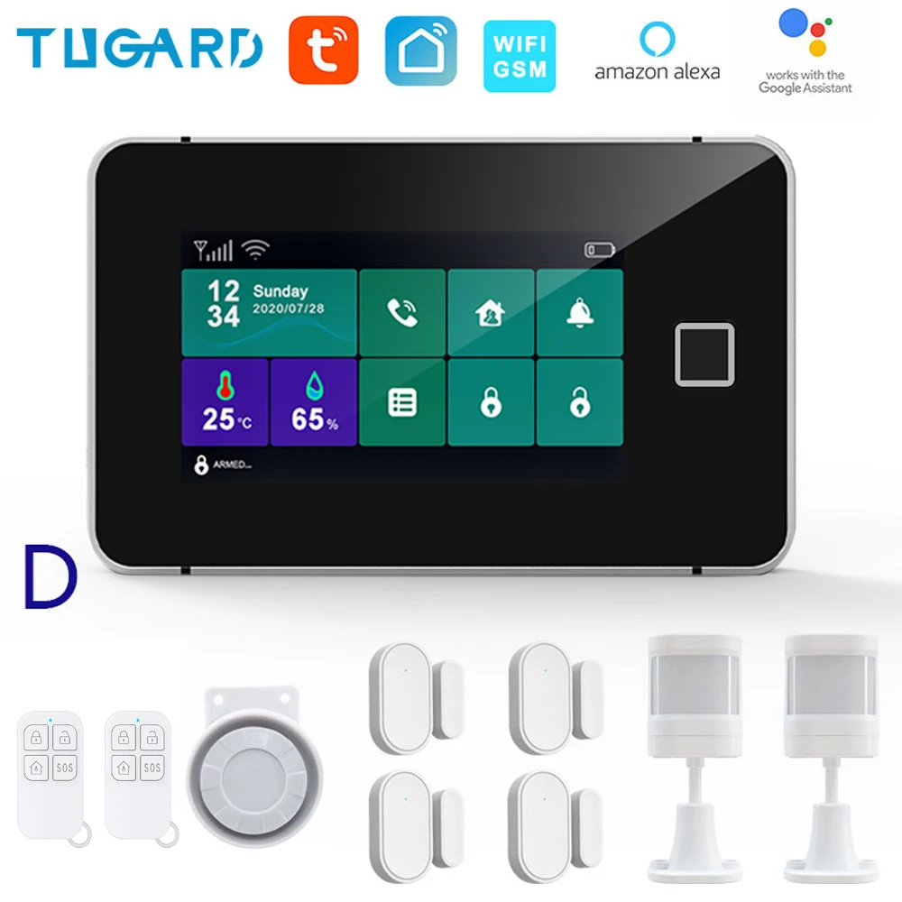 TUGARD G60 Tuya WiFi Gsm Security Alarm System Fingerprint Armed Temperature Humidity Display 433MHz Wireless Smart Home Burglar house alarm keypad Alarms & Sensors