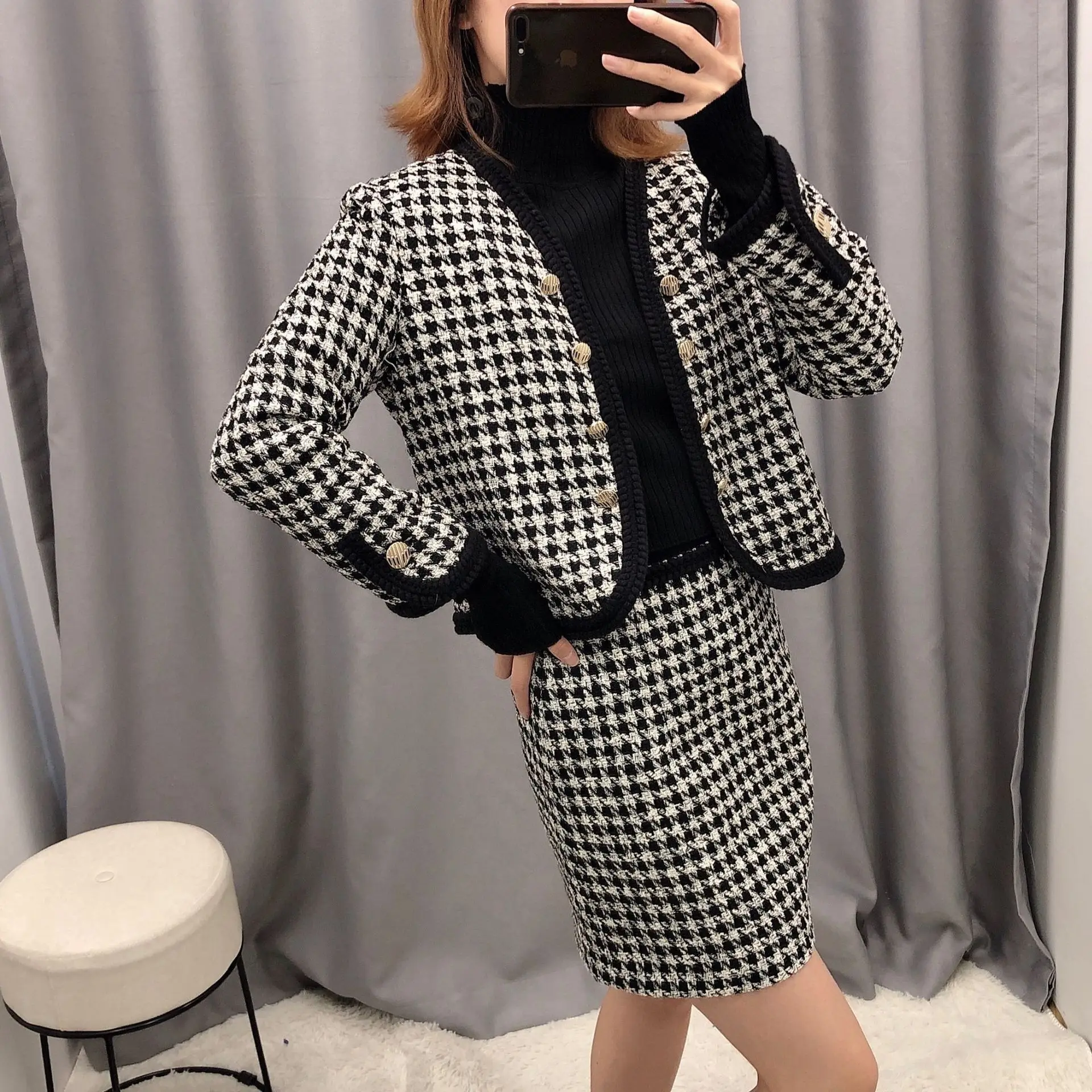 

V2995-Europe And America WOMEN'S Dress 2020 Spring And Autumn New Style Retro Thousands of Birds Tweed Coat Skirt Set