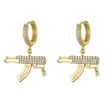 

US7 Micro Paved AK47 Gun Dangle Earring Full Bling Iced Out Cubic Zircon Gold Silver Color Earrings For Men Hip Hop Jewelry