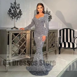 Luxury Mermaid evening Night  Dresses Sparkling Sequined Floor Length Sheath Women Evening Dress Exquisite V-neck Party Gowns