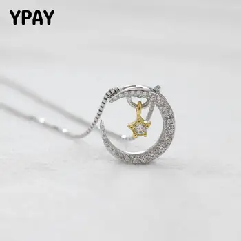 

YPAY Real 925 Sterling Silver Moon Star Pendant Necklaces for Women Box Chain Zircon Collier Fine Jewelry Wholesale YMN027
