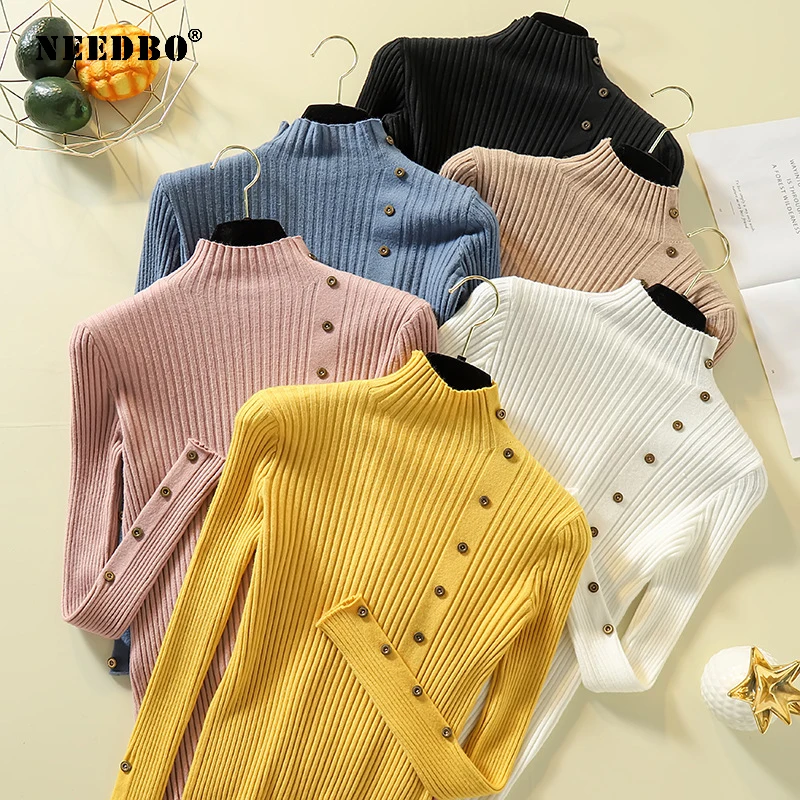 Women Sweaters Long Sleeve Pullove Ladies Winter Sweater Turtleneck Sweater Winter Elasticity Button Soft Women Sweater Tops