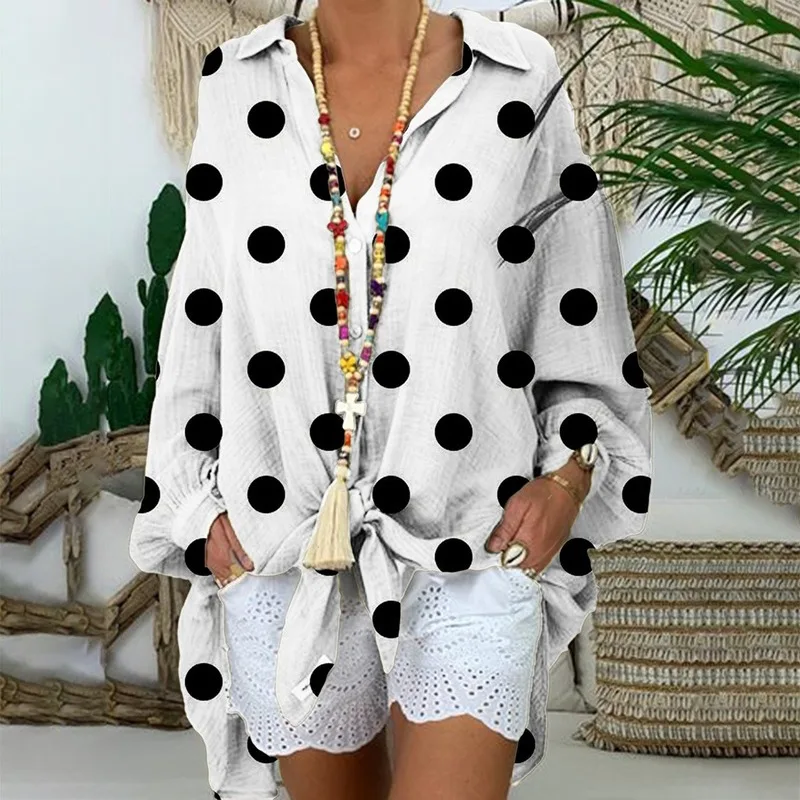 

5XL Plus Size Women's Blouses Polka Dots Print Long Sleeve Button Ladies Tops Casual V Neck Female Tunic Clothes Women Tops 2019